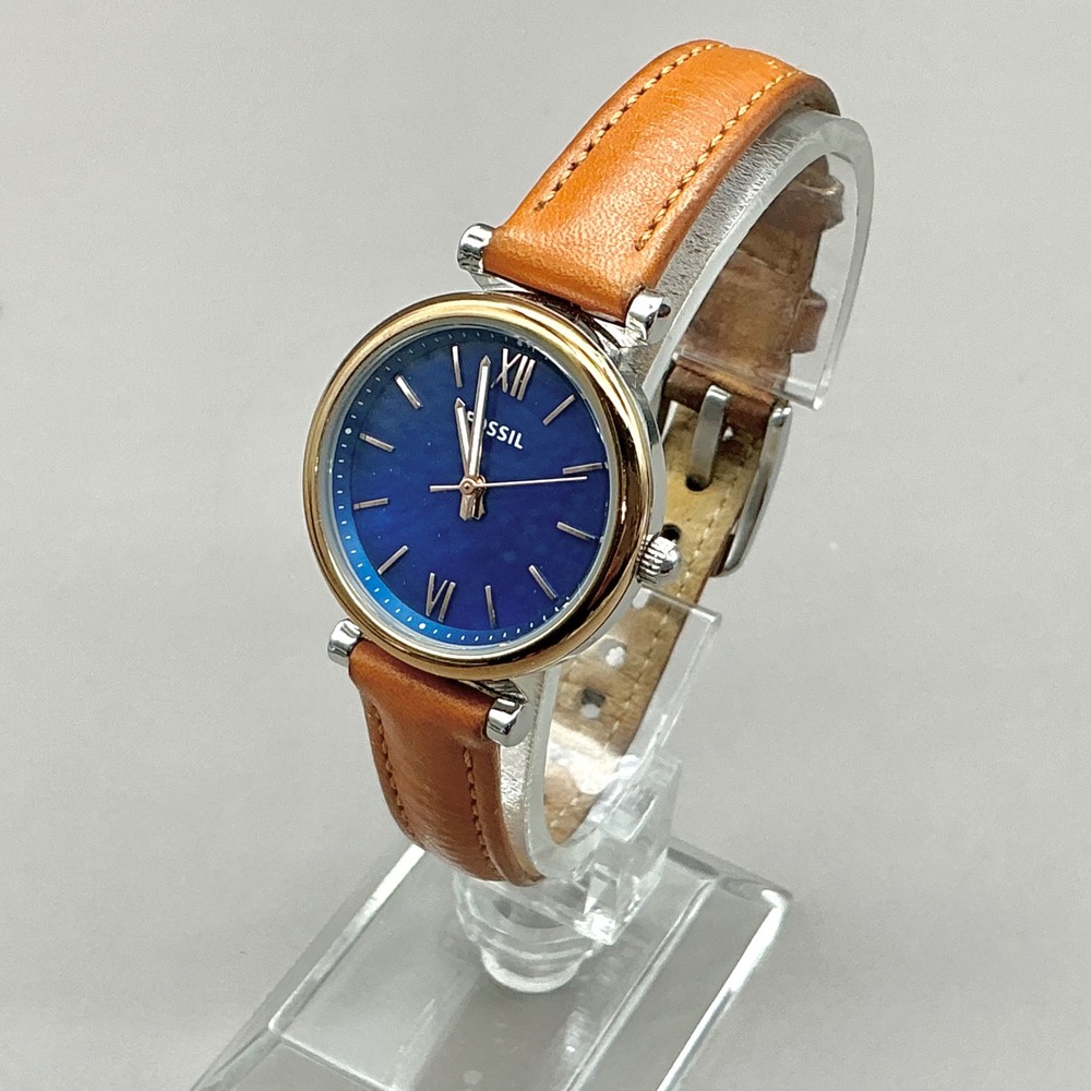 Fossil Watch Womens Blue Dial Gold Tone Brown Leather 34mm 8.5" NEW BATTERY